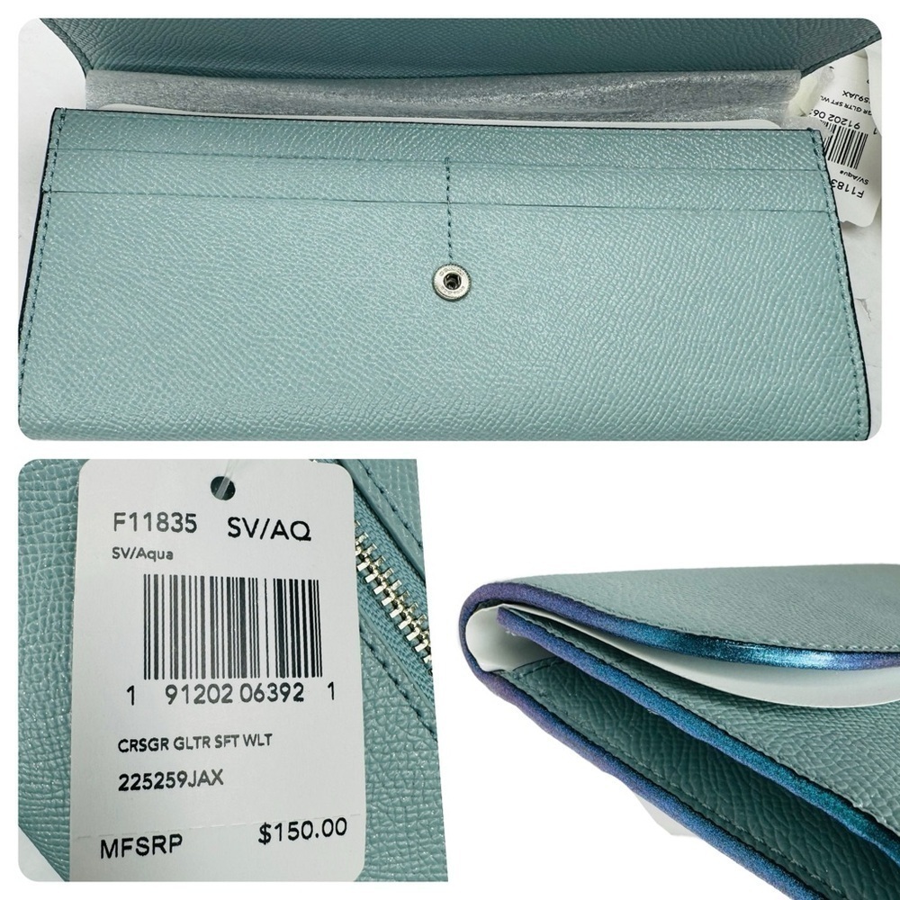 COACH AVA TOTE BAG IN GLITTER AQUA BLUE LEATHER F11900 AND F11835 WALLET SET - Picture 14 of 16